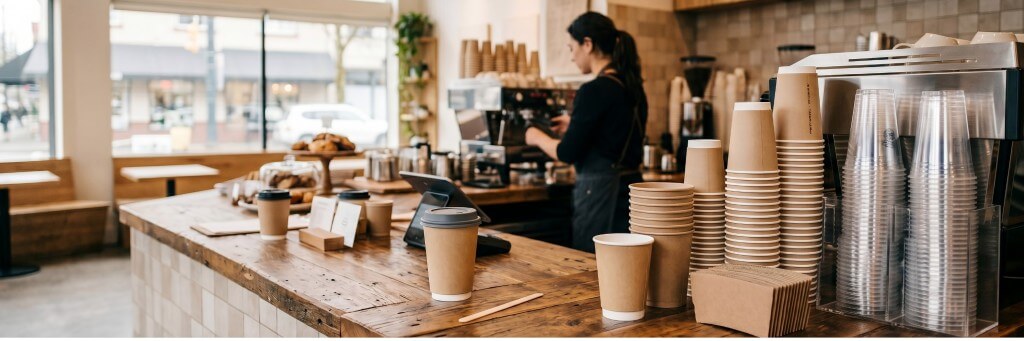 Busy coffee shop counter with paper cups, plastic cups, coffee sleeves, and takeaway beverage packaging used in Canadian cafés